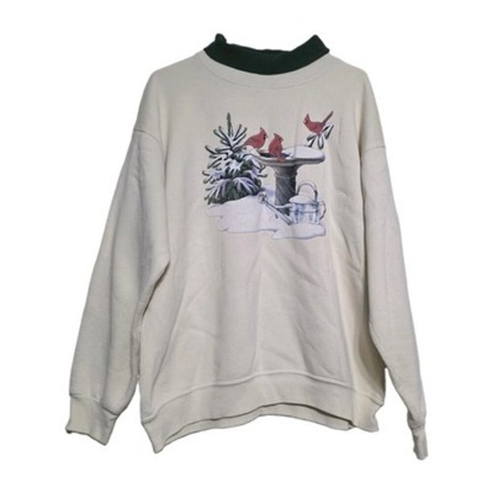 Vtg Winter Cardinal Mock Sweatshirt Women XL Grandmacore Cottage 90s Christmas